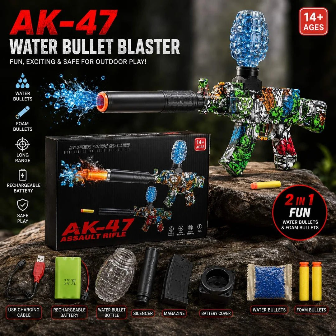 AK-47 Style Gel Blaster Toy Gun with Water Bullets & Foam Darts
